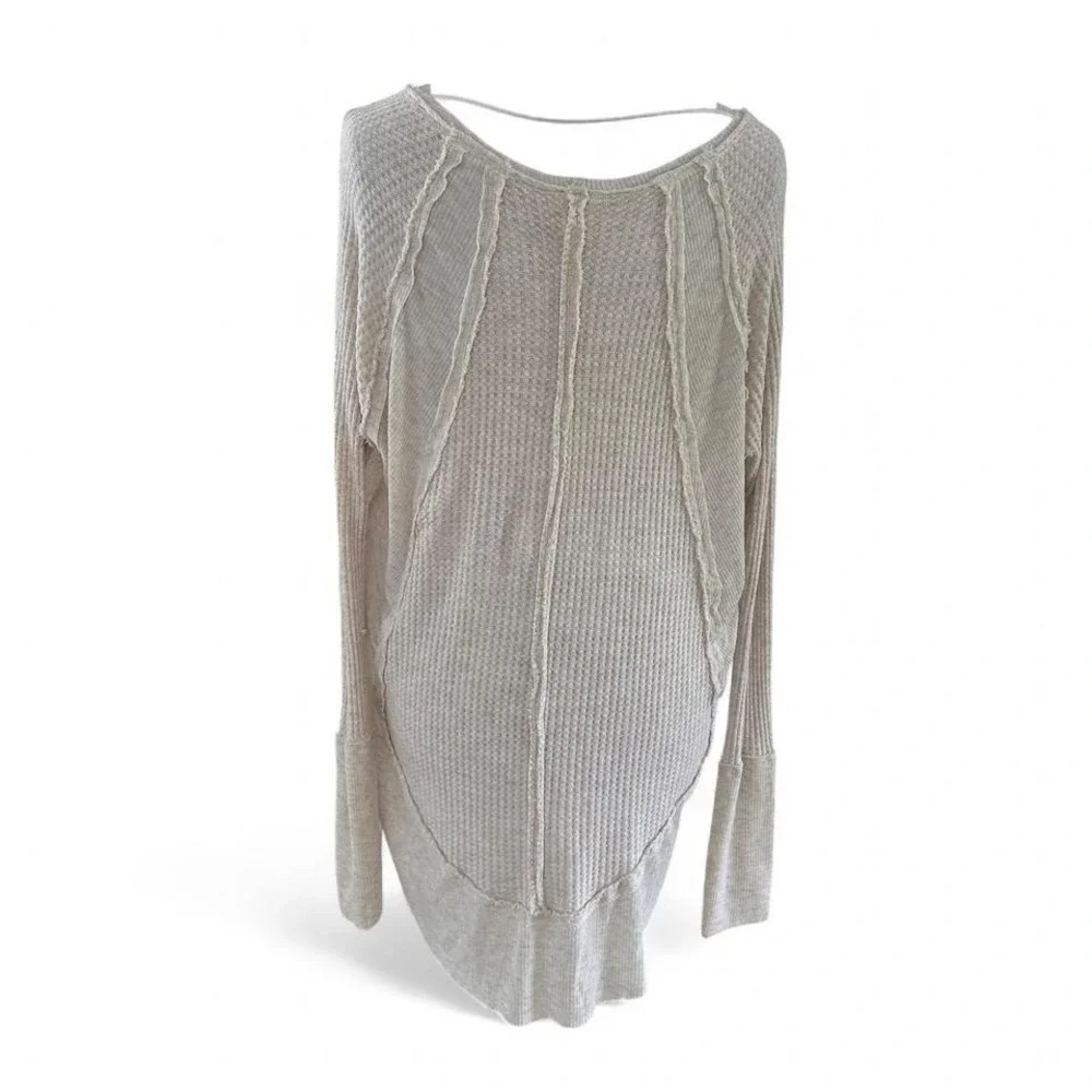 Free People Catalina Beige Waffle Knit VNeck Thermal Top Tunic Raw Seam Relaxed‎